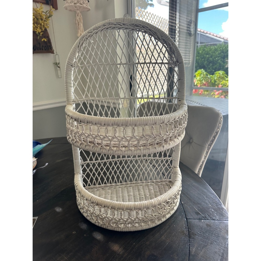 Vintage White Wicker Wall Shelf Arched Rattan 2 Tier Boho Coastal Decor 18in EUC
